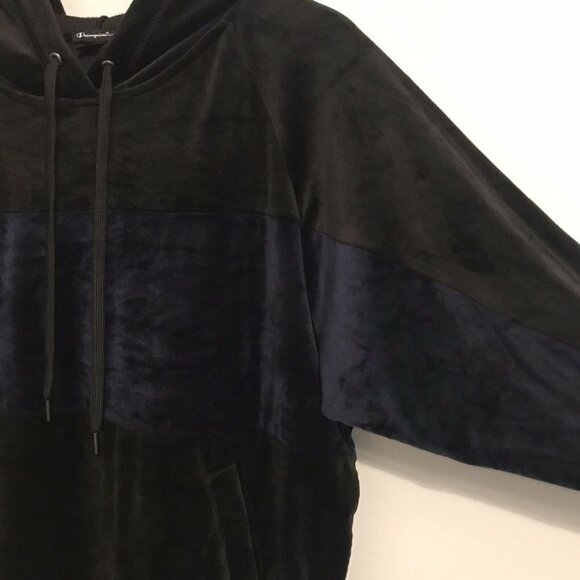 Champion Elite Velour Hoodie Sweatshirt Medium Black Navy Blue Color blo… - Picture 4 of 8